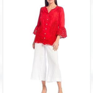 John Mark Red Linen Eyelet Bell Sleeve Blouse Size Medium